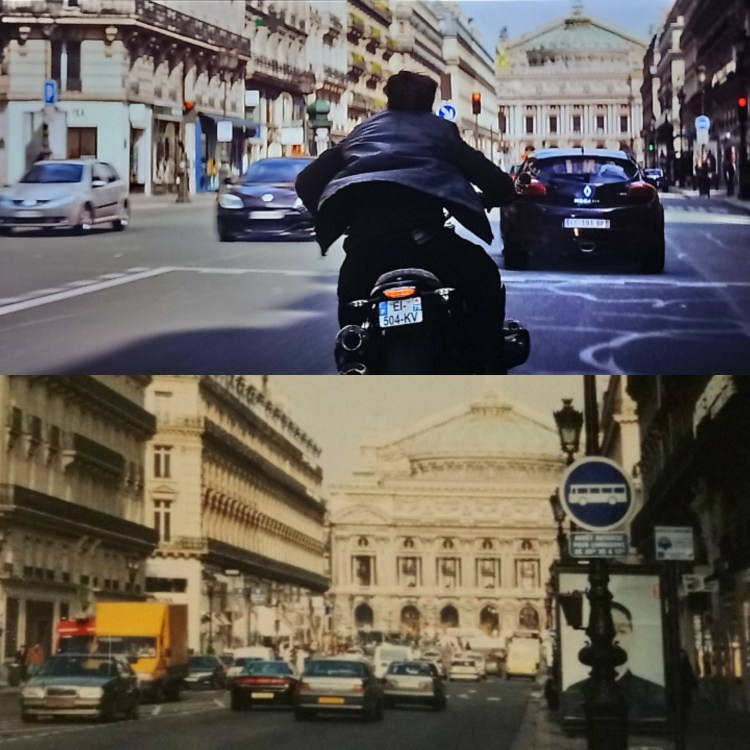 Tom Cruise à moto face à l'opéra Garnier