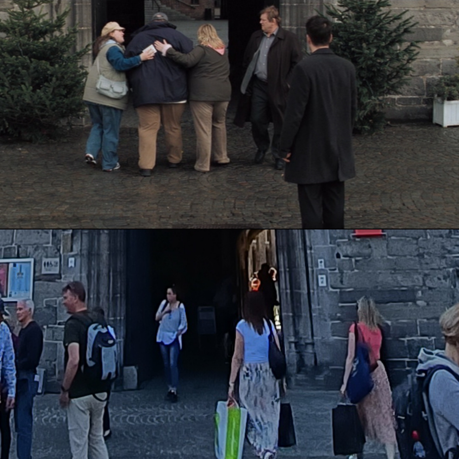 Scène du film In Bruges devant le beffroi de la ville