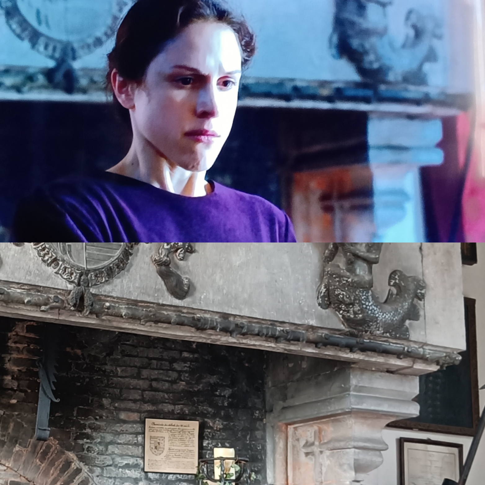 Amanda Hale devant la cheminée du château d'Écaussinnes