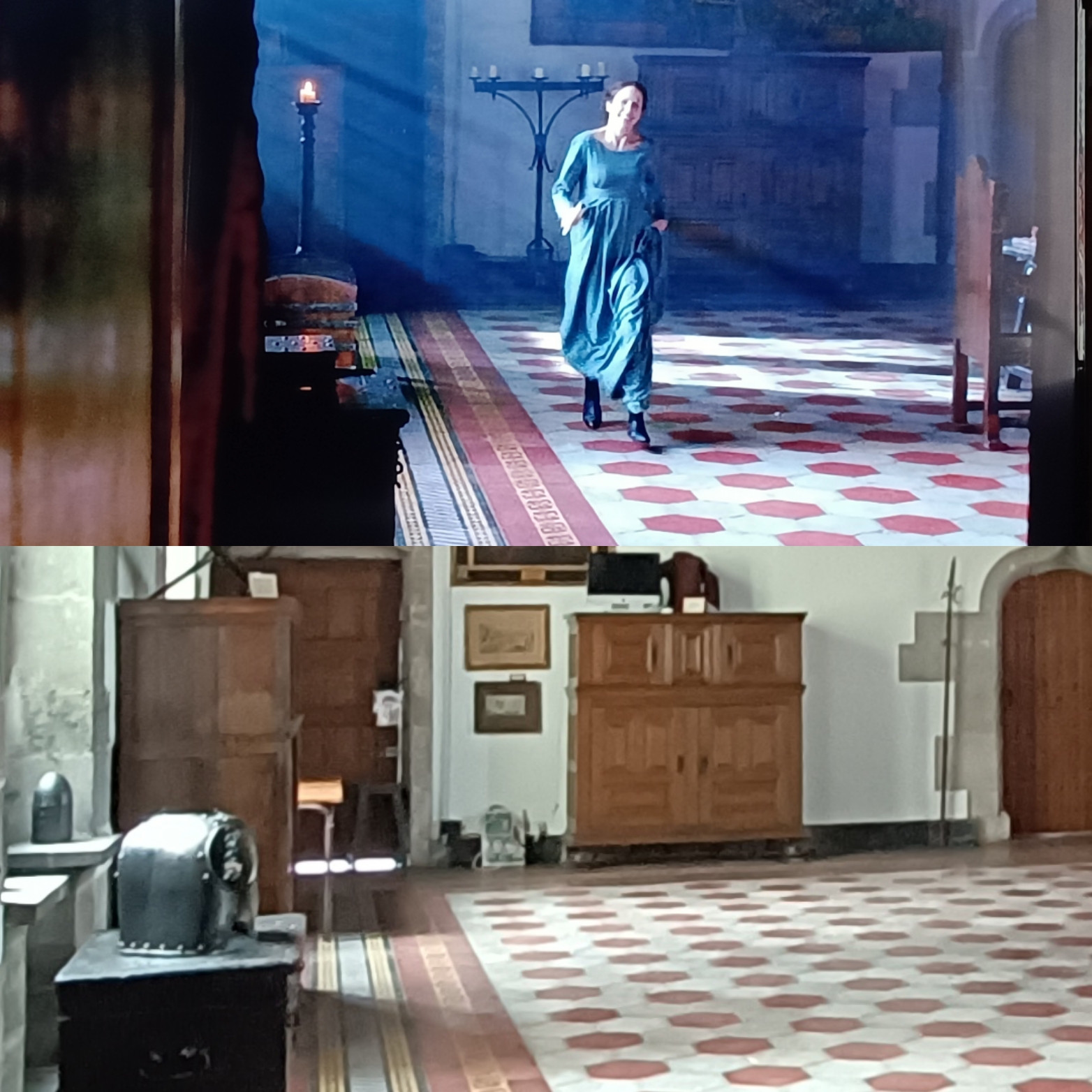 Amanda Hale traverse la salle d'armes du château d'Écaussinnes